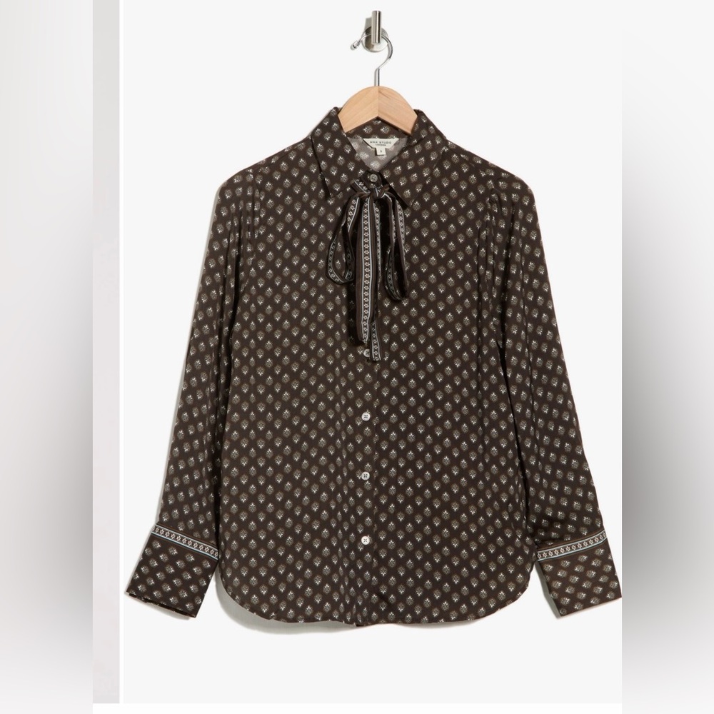 Max Studio Brown Printed Tie-Neck Blouse